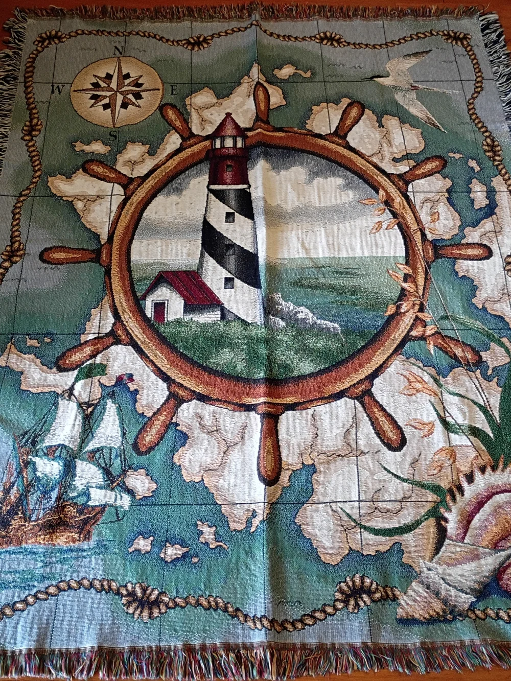 Nautical Lighthouse Woven Tapestry Throw Blanket Vintage 90s Coastal 66